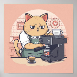 Süßes gemütliches Cartoon-Barista-Katzen-Poster Poster