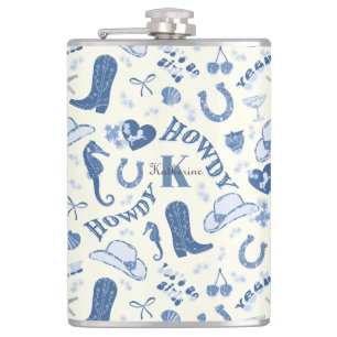 Süßes, girly, blaues, maritimes Cowgirl-Name-Monog Flachmann