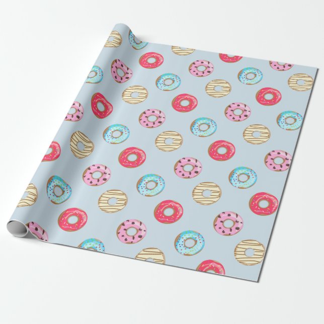Süßes glasiertes Donut-Muster Hellblau Geschenkpapier (Ungerollt)