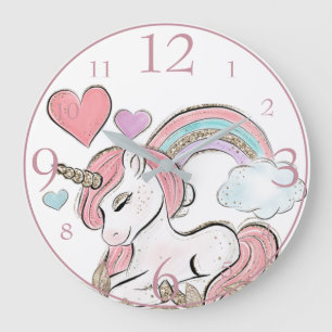 Süßes Glitzer-Einhorn und Regenbogen mit Herzen Große Wanduhr