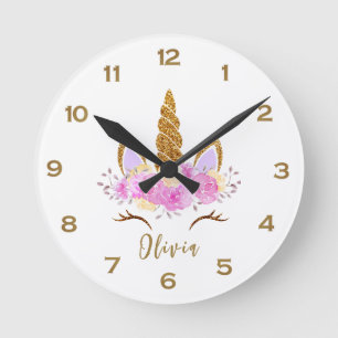 Süßes goldenes Einhorn personalisiert Runde Wanduhr