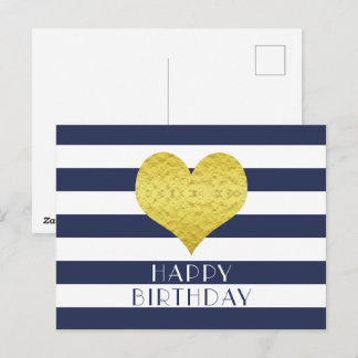 Süßes goldenes Herz Blau-weißes Happy Birthday Postkarte