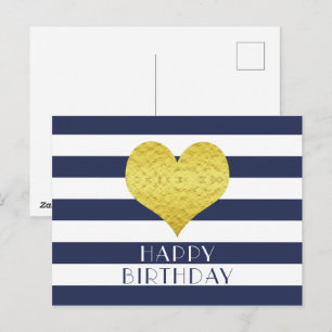 Süßes goldenes Herz Blau-weißes Happy Birthday  Postkarte