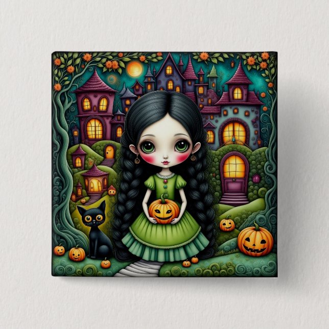 Süßes gothisches Mädchen-Kürbis-Halloween-Dorf Button (Vorderseite)