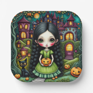 Süßes gothisches Mädchen-Kürbis-Halloween-Dorf Pappteller