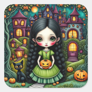 Süßes gothisches Mädchen-Kürbis-Halloween-Dorf Quadratischer Aufkleber