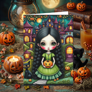 Süßes gothisches Mädchen-Kürbis-Halloween-Malvorla Karte
