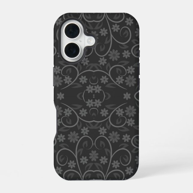 Süßes graues Blumenmuster iPhone 16 Hülle (Rückseite)