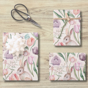 Süßes graues Kaninchen mit bunten Tulpen Geschenkpapier Set