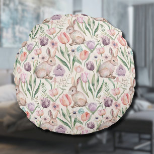 Süßes graues Kaninchen mit bunten Tulpen Rundes Kissen