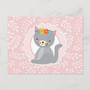 Süßes graues Kätzchen rosa weiße Katze Postkarte