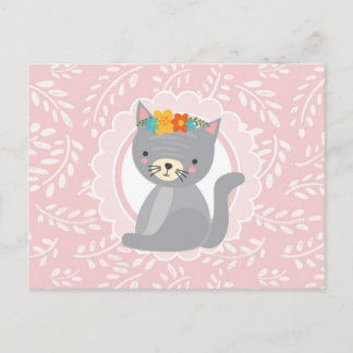 Süßes graues Kätzchen rosa weiße Katze Postkarte