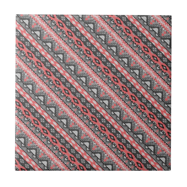 Süßes graues rotes Azteken-Muster-Design Fliese (Vorderseite)