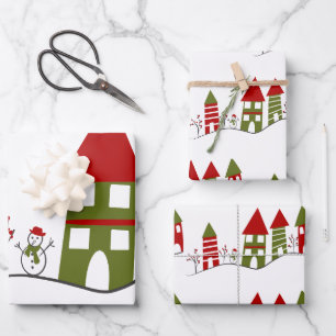 Süßes grün-rotes Dorf im Schnee zu Weihnachten Geschenkpapier Set