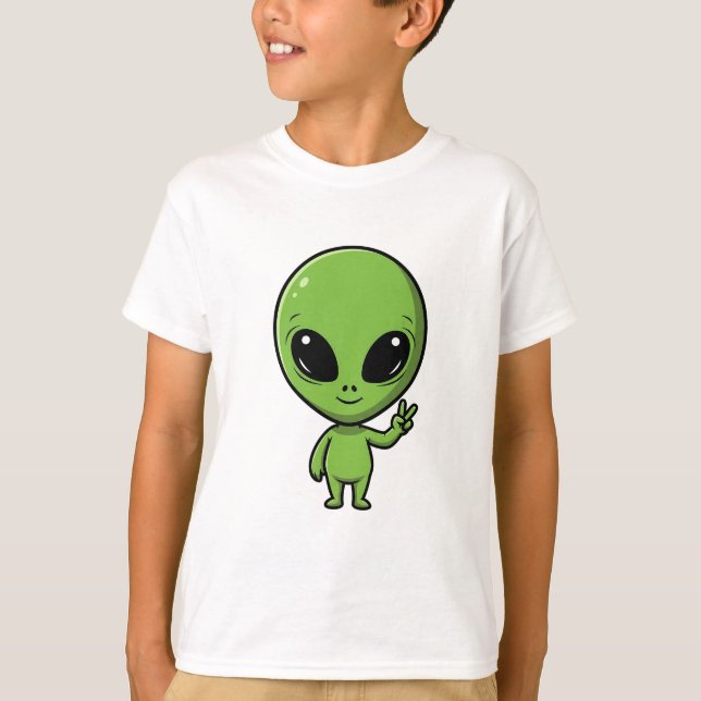 Süßes grünes Alien-Friedenszeichen Kinder T-Shirt (Vorderseite)