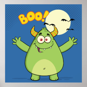 Süßes grünes Halloween-Monster Boo Poster