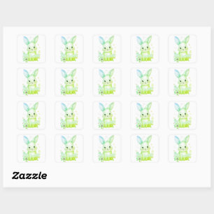 Süßes grünes Häschen-Party-Thema Pastell-Blumen Quadratischer Aufkleber