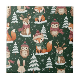 Süßes grünes Wald-Weihnachts-Tier-Muster Fliese
