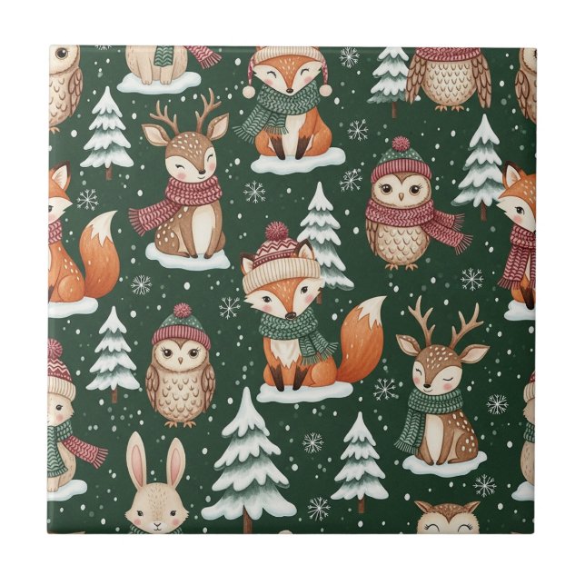 Süßes grünes Wald-Weihnachts-Tier-Muster Fliese (Vorderseite)