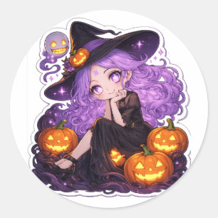 Süßes Halloween-Hexenmädchen-Kürbis-Sticker Runder Aufkleber