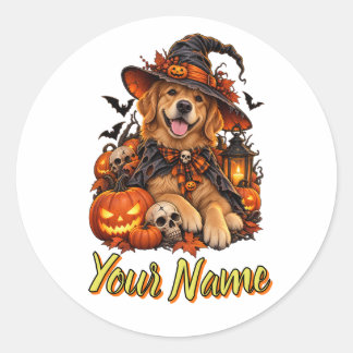 Süßes Halloween-Hund-Hexe personalisiertes Namens- Runder Aufkleber