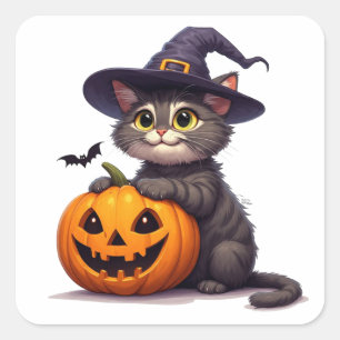 Süßes Halloween-Kätzchen mit Hexenhut 🎃 Quadratischer Aufkleber