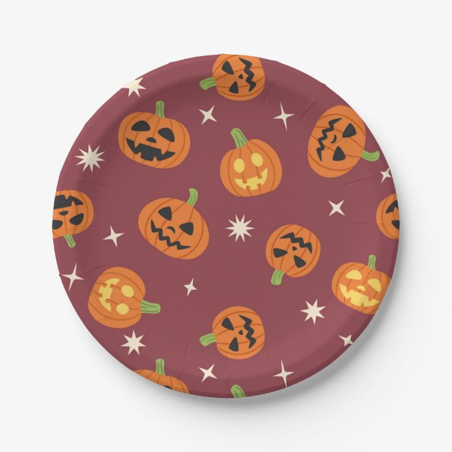 Süßes Halloween-Kürbismuster dunkelrot Pappteller (Vorderseite)
