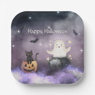 Süßes Halloween mit Katze und Geist Pappteller