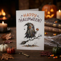 Süßes Halloween-Monster auf einem Besenstiel