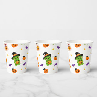 Süßes Halloween-Nahtloses Muster – Kawaii-Kürbisse Pappbecher