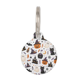 Süßes Halloween-Nahtlosmuster mit schwarzen Katzen Haustiermarke