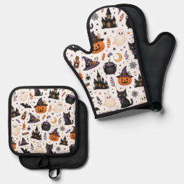 Süßes Halloween-Nahtlosmuster mit schwarzen Katzen Ofenhandschuh & Topflappen-Set