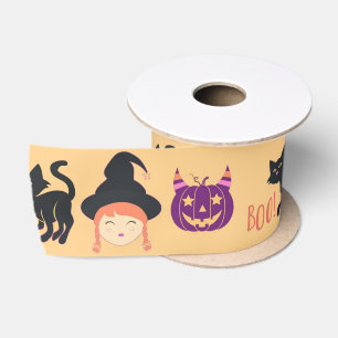 Süßes Halloween-Schwarze-Katze-Hexe-und-Kürbis-Mus Satinband