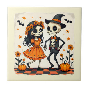 Süßes Halloween-Skelett-Paar in Orange Fliese