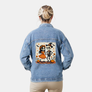 Süßes Halloween-Skelett-Paar in Orange Jeansjacke