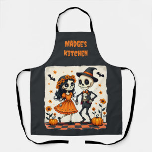 Süßes Halloween-Skelett-Paar in Orange Schürze