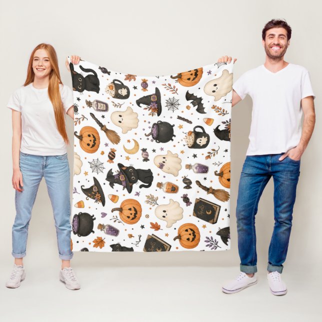 Süßes Halloween-Wasserfarbmuster mit schwarzen Kat Fleecedecke (Beispiel)