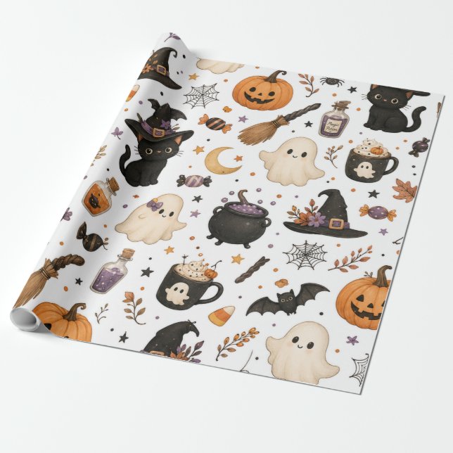 Süßes Halloween-Wasserfarbmuster mit schwarzen Kat Geschenkpapier (Ungerollt)