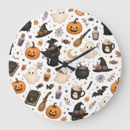 Süßes Halloween-Wasserfarbmuster mit schwarzen Kat Große Wanduhr
