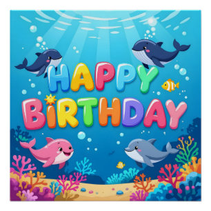 Süßes Happy Birthday nautischer Delfin Poster
