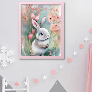 Süßes Häschen Pastell Aquarell Frühlingsblumen Poster