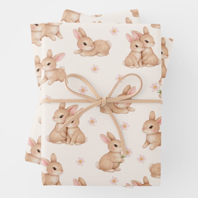 Süßes Häschen Rosa Blumenmuster Geschenkpapier Set (Beispiel)