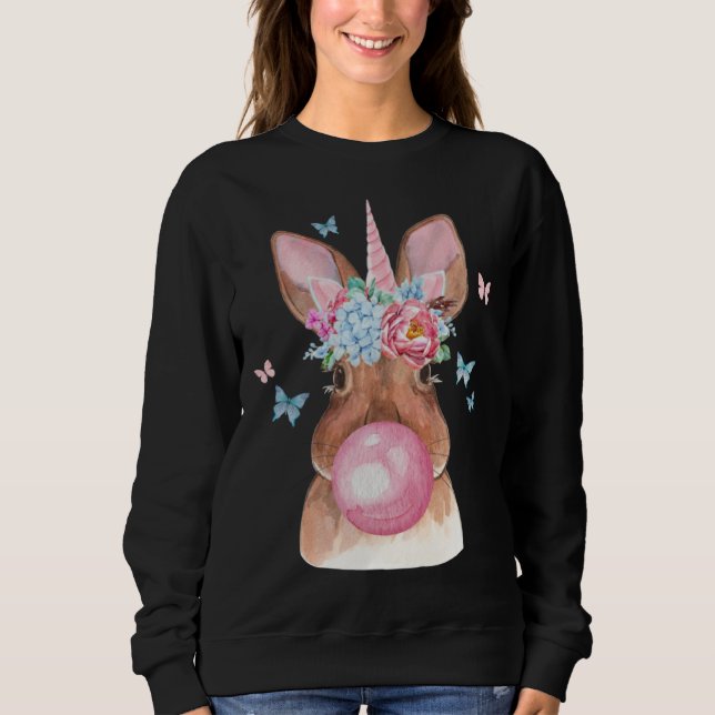 Süßes Hasengesicht mit Bubble-Gum-Einhorn Frohe Os Sweatshirt (Vorderseite)