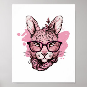 Süßes Hasengesicht rosa Brille floral Leopard Oste Poster