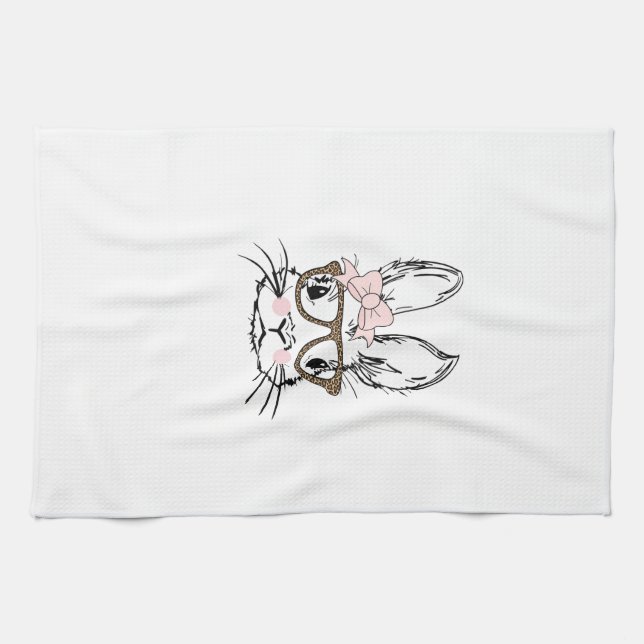 Süßes Hasengesicht-Shirt Leopardendruck-Brille OST Geschirrtuch (Horizontal)