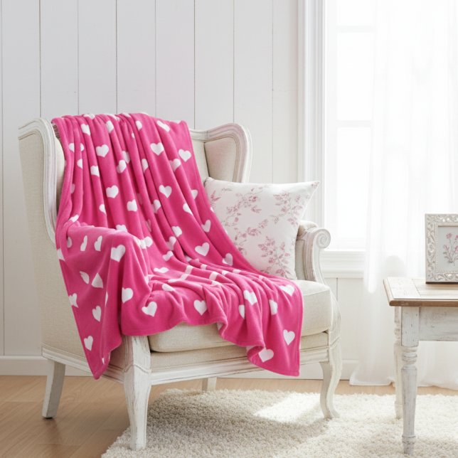 Süßes Hellrosa mit weißen Herzen  Fleecedecke (Cute Hot Pink with White Hearts Fleece Blanket)