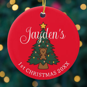 Süßes hellrotes erstes Weihnachten des Babys Keramik Ornament