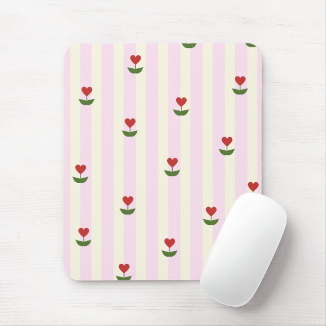 Süßes Herz-Blumenmuster – Sanft rosa gestreift Mousepad (Mit Mouse)