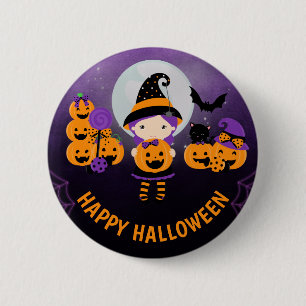 Süßes Hexenmädchen und Kürbisse Frohes Halloween Button