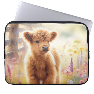 Süßes Highland-Baby im Blumenfeld Laptopschutzhülle